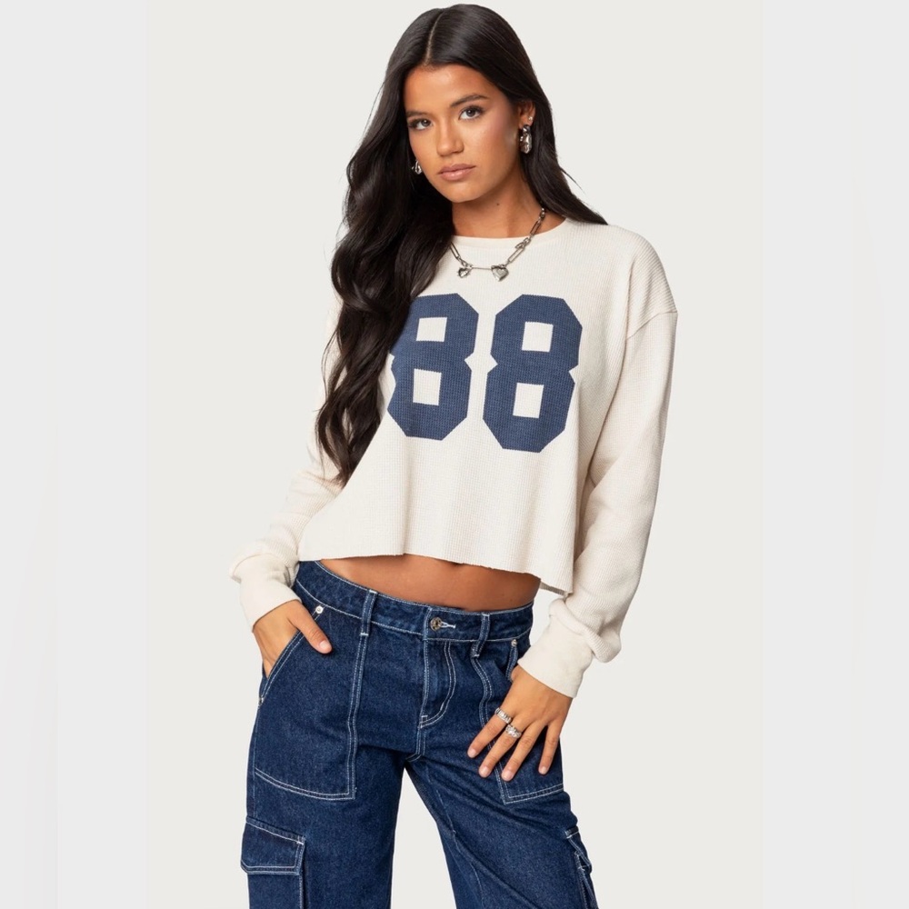 Edikted Waffle Knit Pullover in Blush with Navy Accent